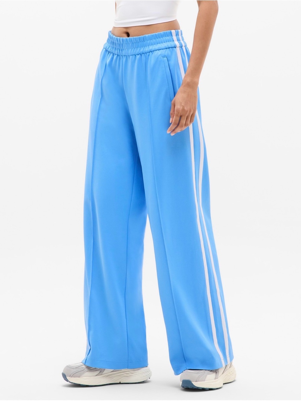 ATHLETA Tempo Wide Leg Blue Track Pants with White Side Stripes Size L Quality - Picture 2 of 8